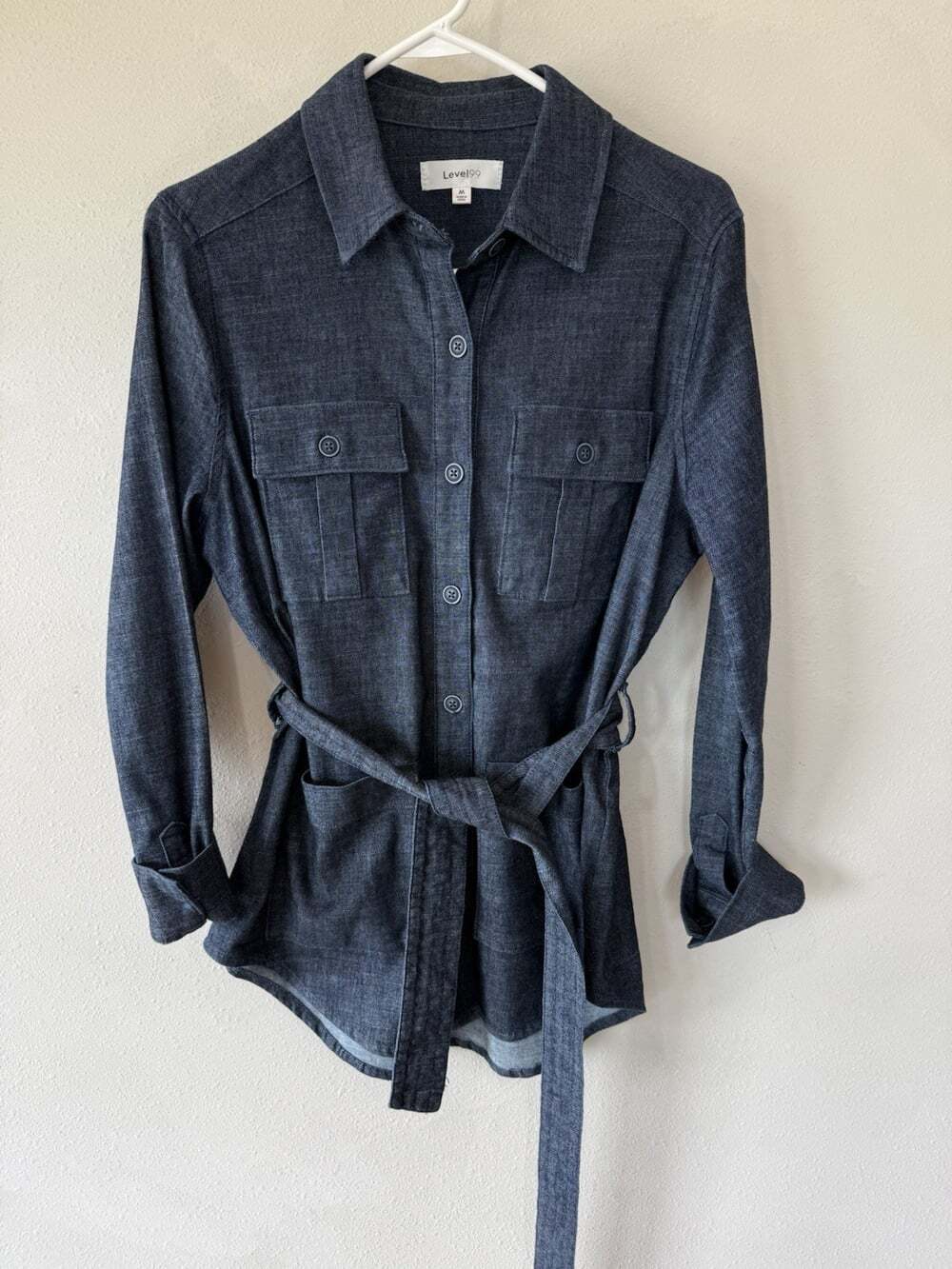 Level 99 Women’s Indigo Denim Utility Shirt Jacket Belted Dark Wash Medium Top